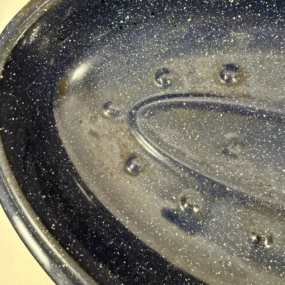 Vintage Enamelware Roaster Pan Large Blue White Speckled Oval Lidded Pot 15 Inch